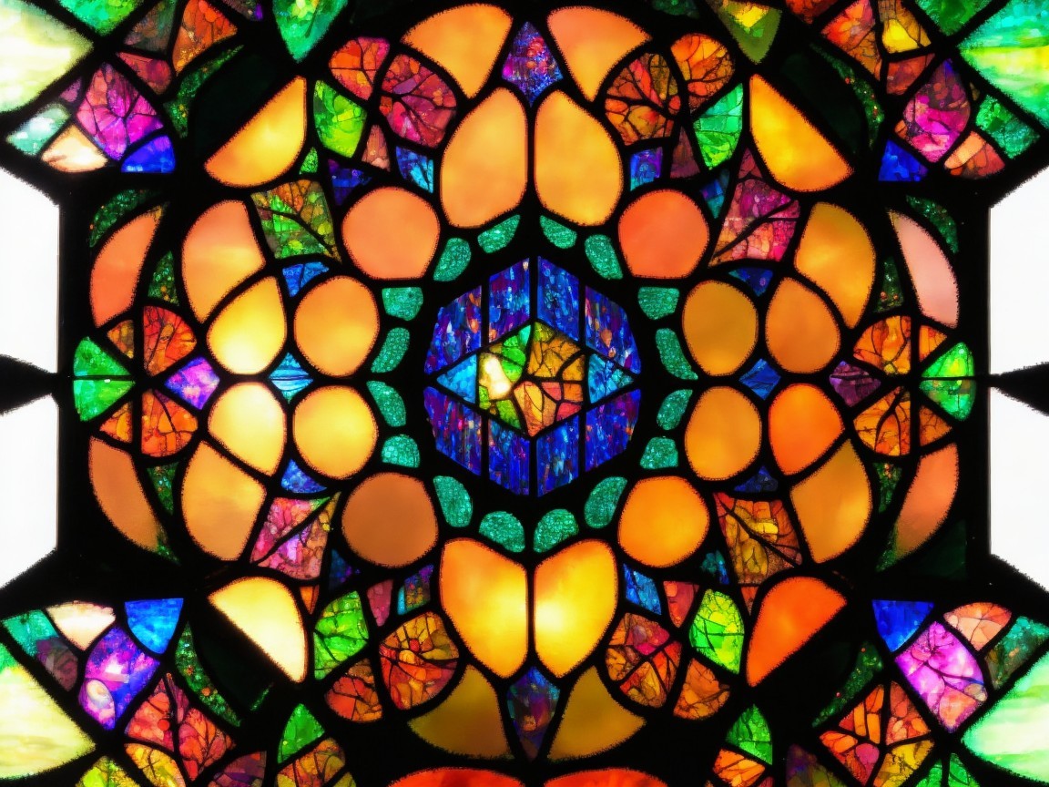 Vibrant Stained Glass Window with Floral Patterns