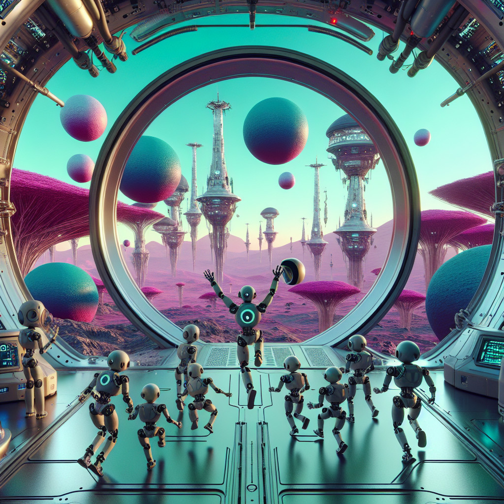 Futuristic Landscape with Robots and Fantastical Structures