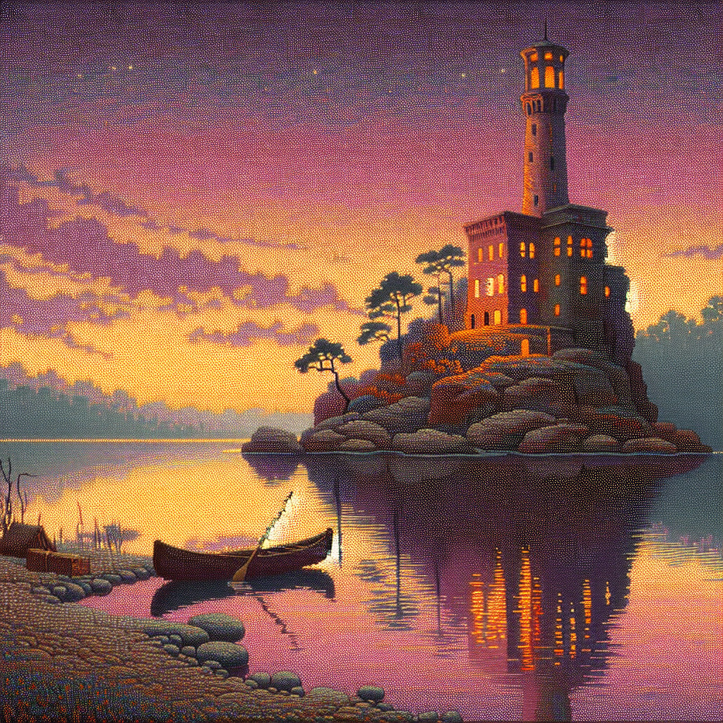 Serene Sunset Over Tranquil Lake with Lighthouse