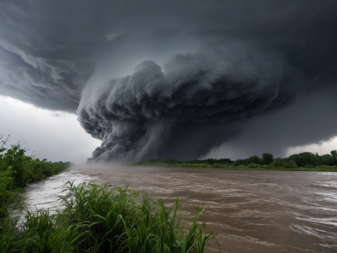 Dramatic Landscape with Storm Clouds and Turbulent River