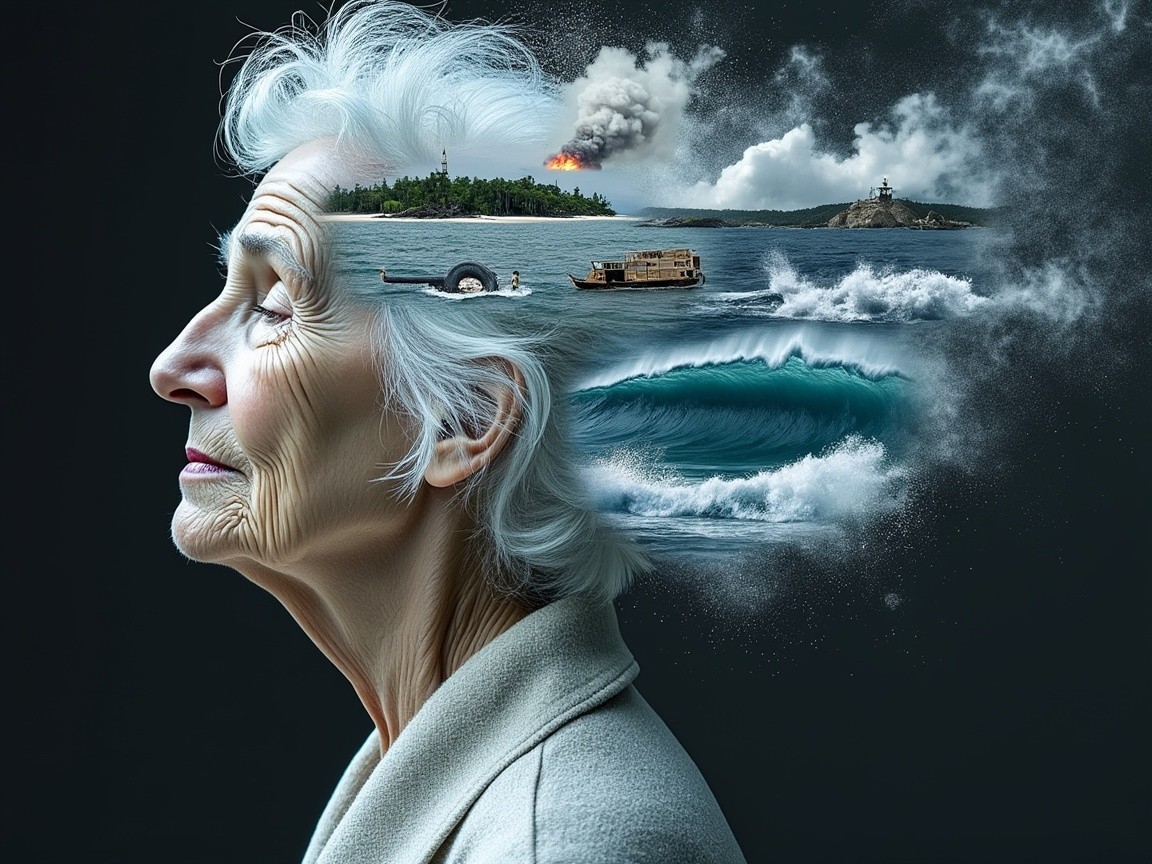 Elderly Woman's Profile with Surreal Landscape Inside