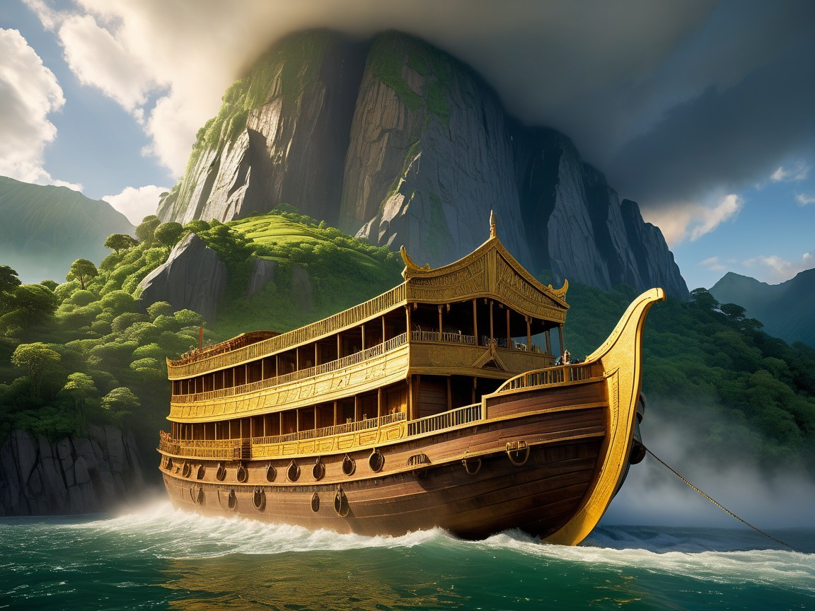 Traditional Boat in Serene Landscape with Golden Decor