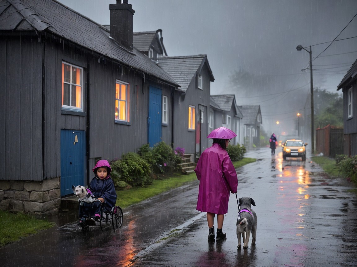 Children in Purple Raincoats in Rainy Village Scene