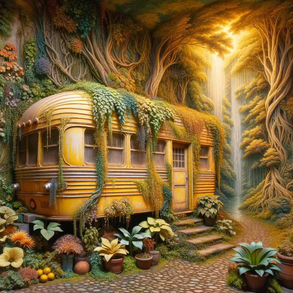 Vintage Bus Home in Lush Greenery by Waterfall