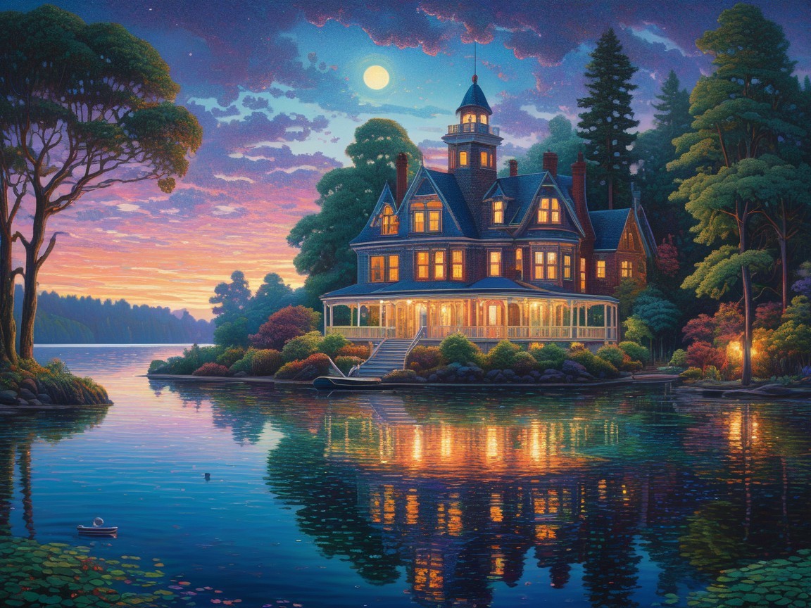 Victorian Mansion by Tranquil Lake at Sunset