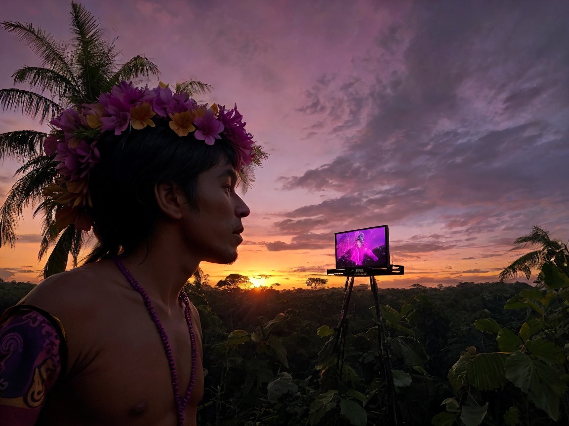 Young man with floral crown at sunset with technology