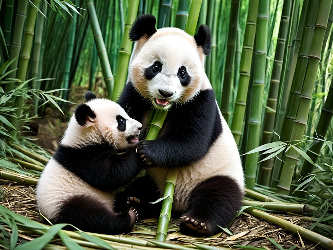 Panda and Cub Among Lush Bamboo Stalks