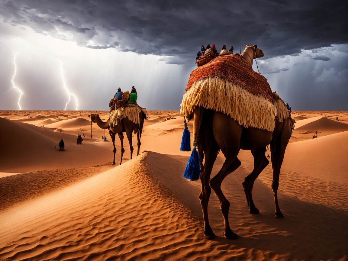 Camels with Colorful Saddles in Desert Storm Scene