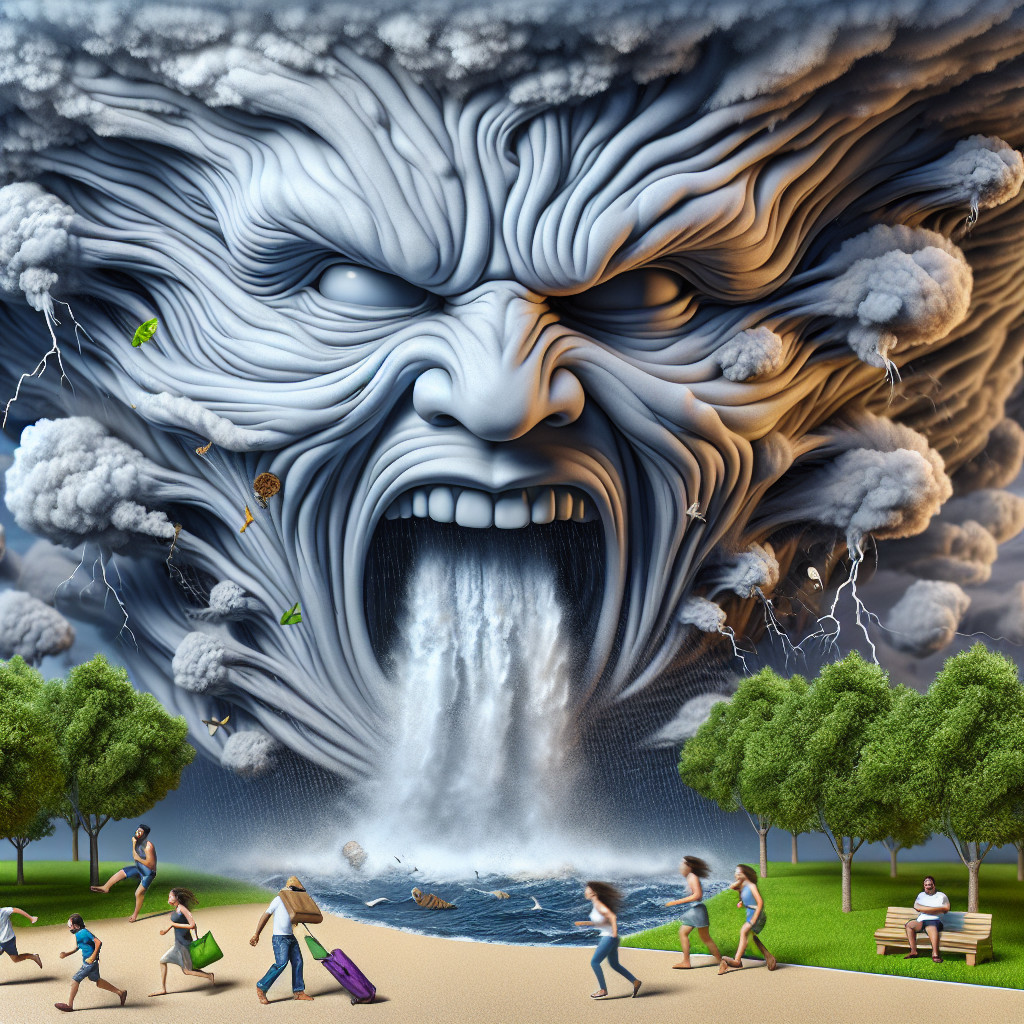 Gigantic Face in Storm Clouds with People Fleeing