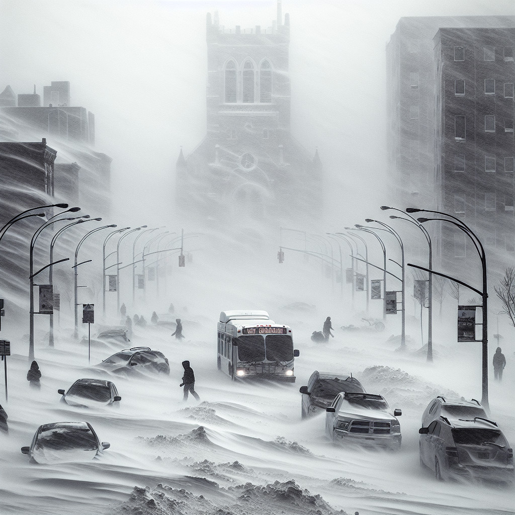 Winter Blizzard Reduces Visibility in City Street
