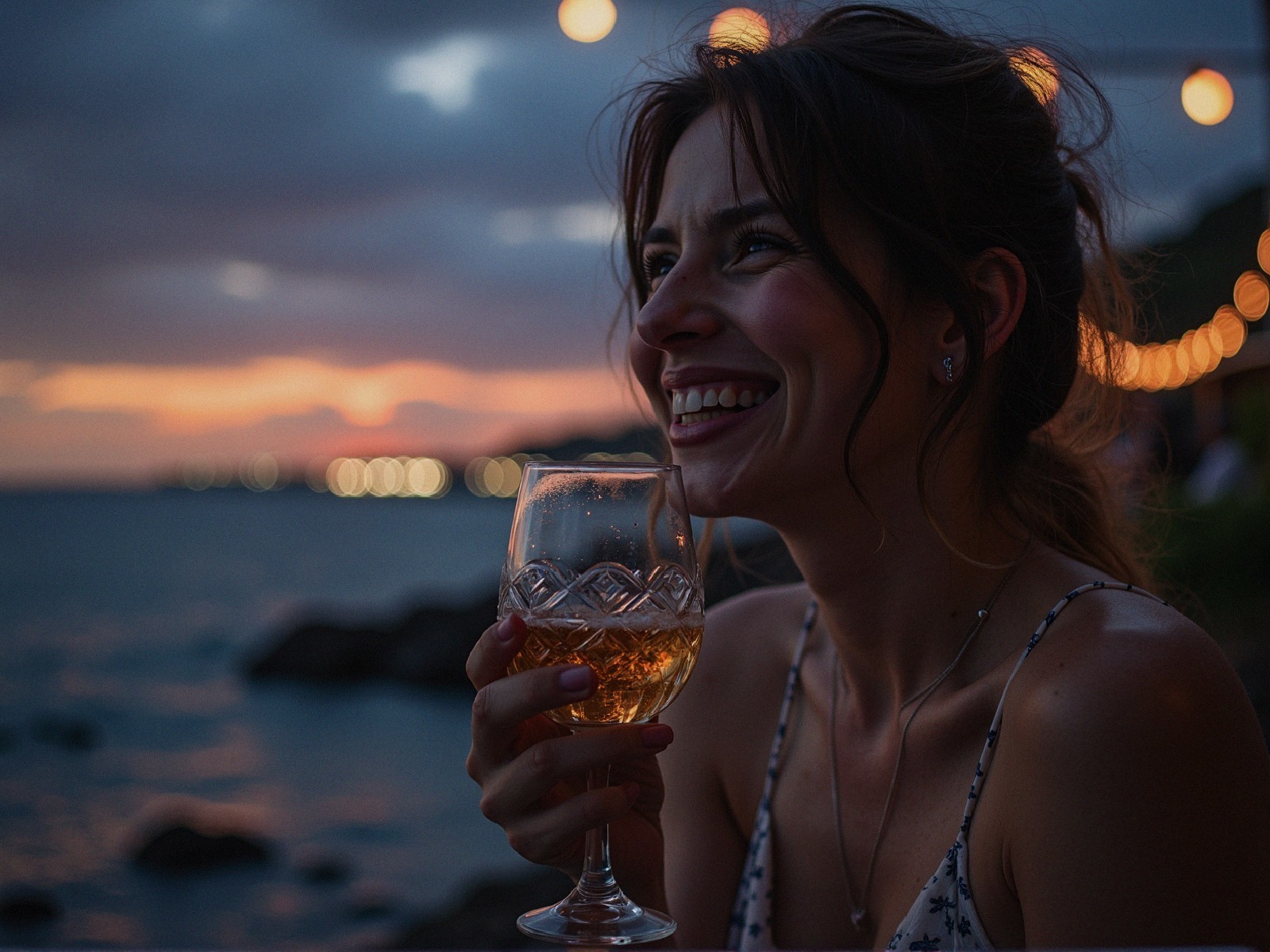 Young Woman in Sundress with Drink at Seaside Sunset