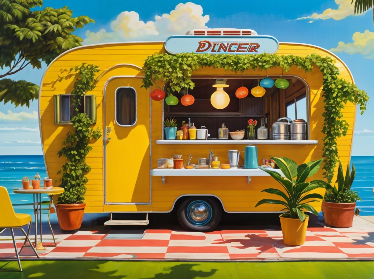 Vibrant Yellow Food Trailer at Picturesque Beach