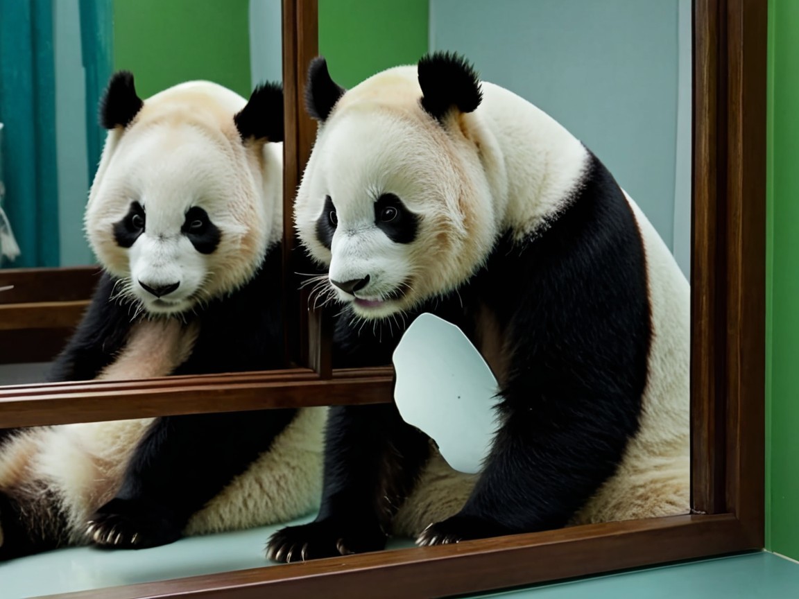 Panda gazing at reflection beside a mirror