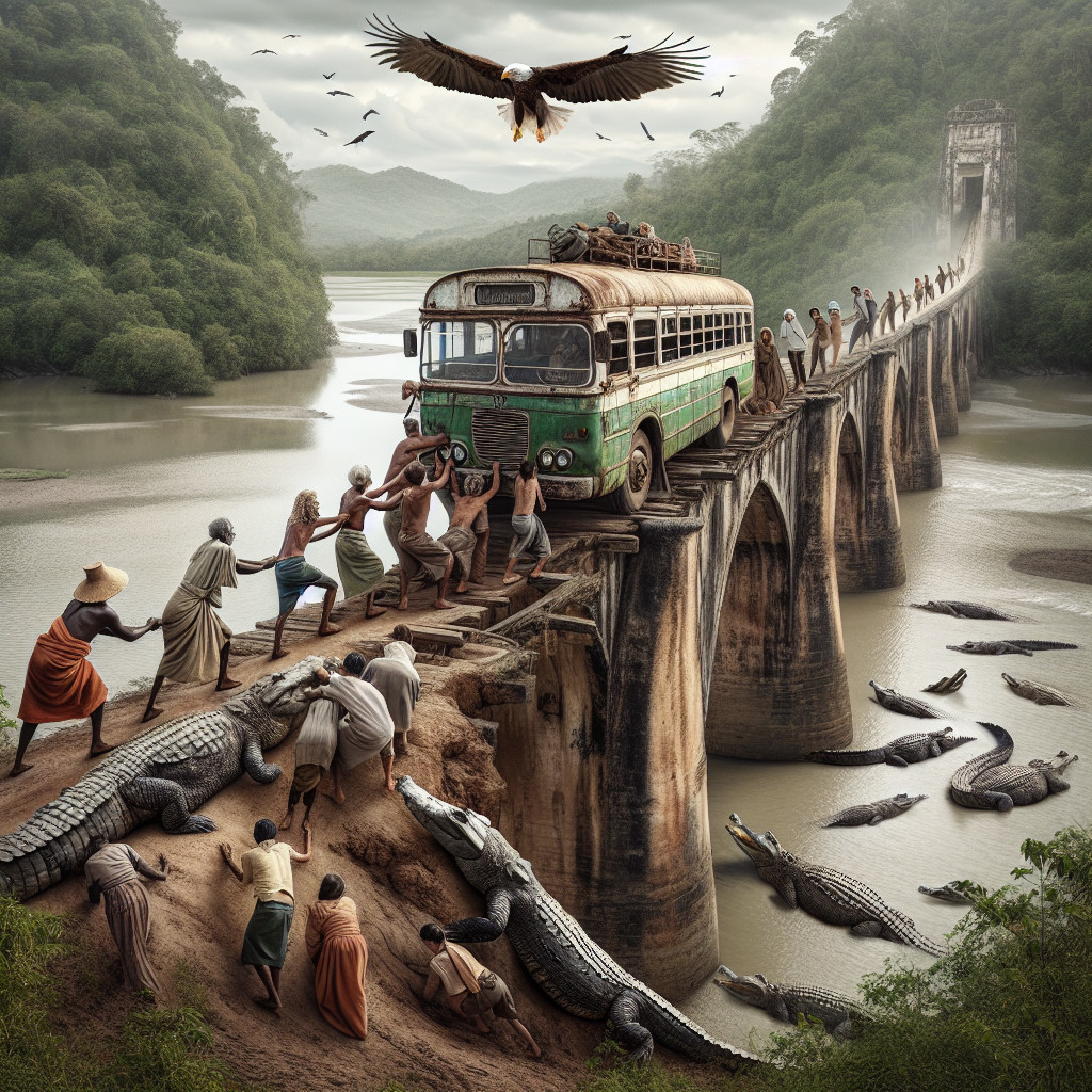 Group pushes green bus across crumbling bridge with crocodiles