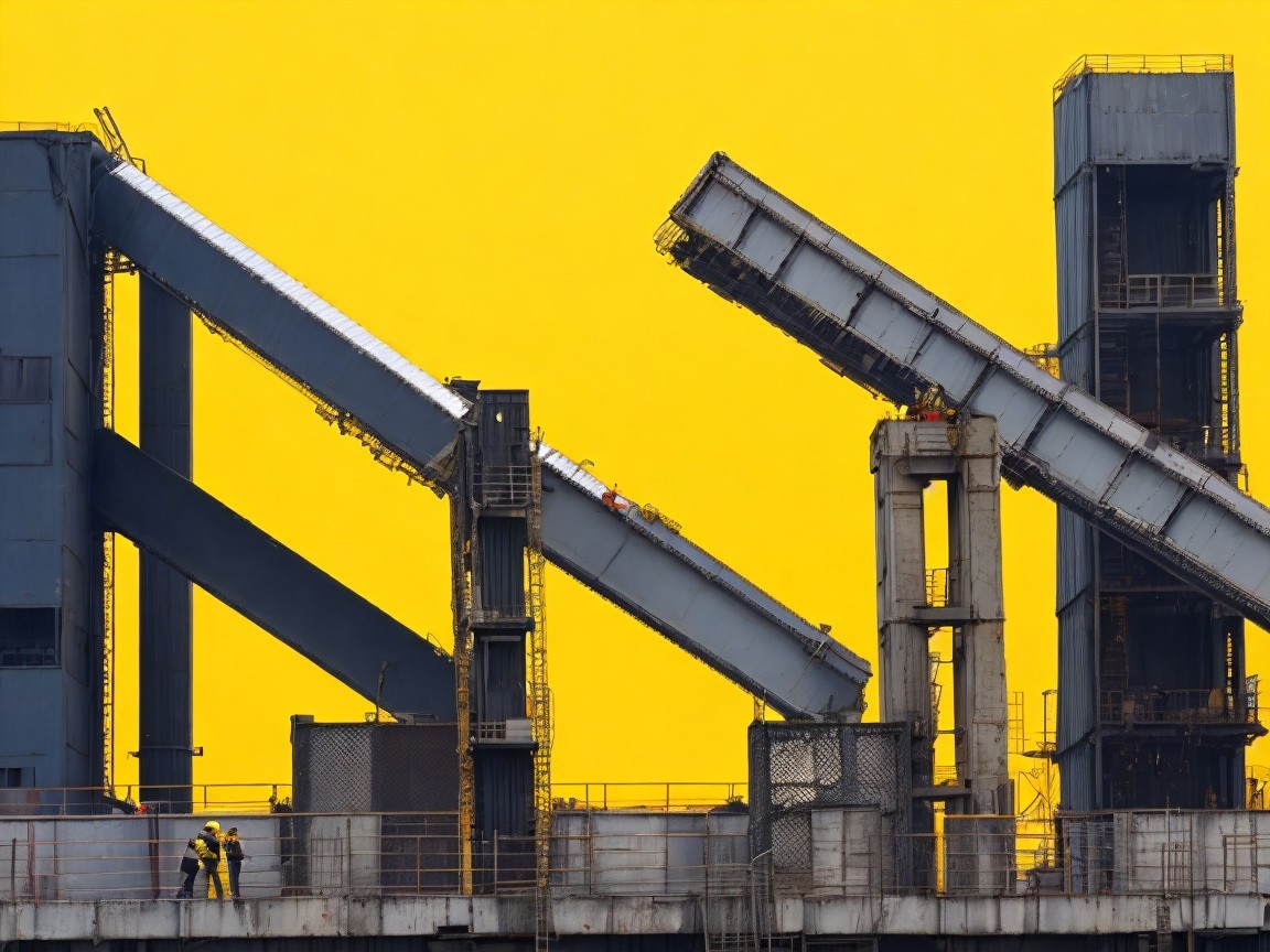 Industrial Scene with Conveyor Belts and Workers