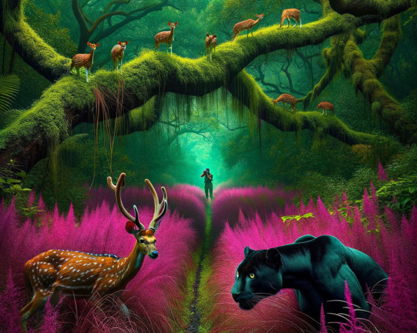 Vibrant Forest with Ancient Trees and Wildlife