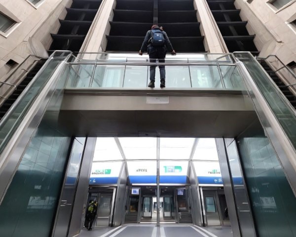 Person on Glass Bridge Over Modern Building Entrance