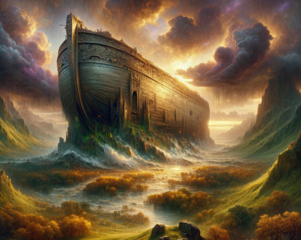 Ancient Ship Surrounded by Misty Waters and Foliage