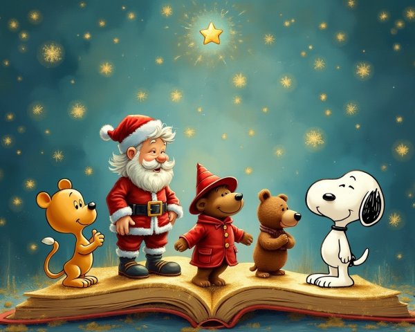 Joyful Santa Claus with Cartoon Characters in Storybook