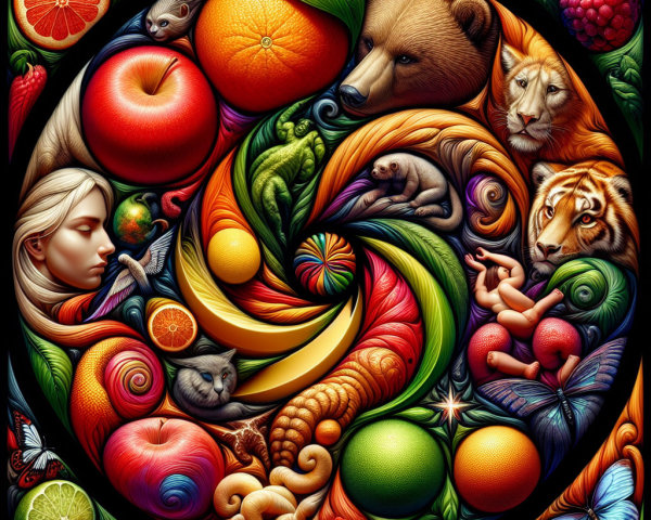 Colorful Animal and Fruit Composition with Whimsical Elements