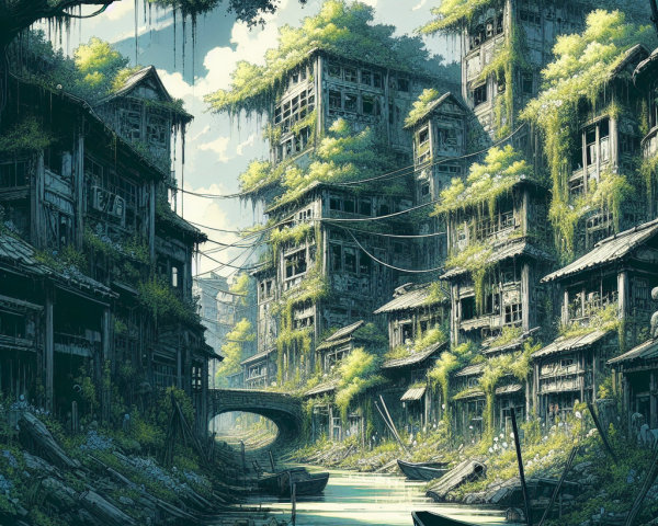 Abandoned city reclaimed by nature with serene canal