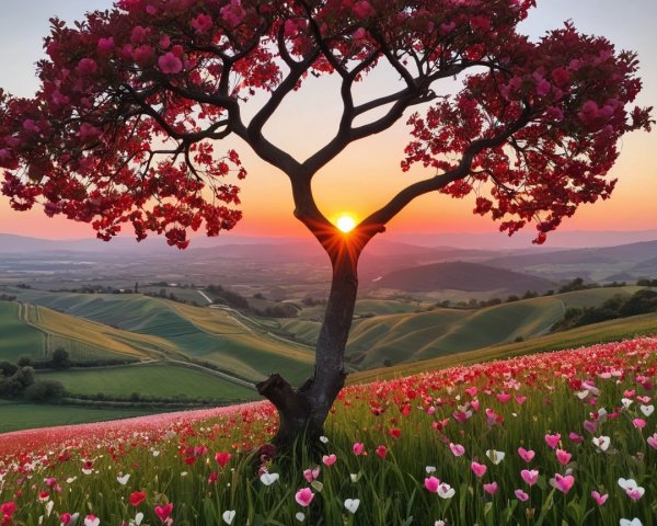 Sunset Landscape with Tree and Tulip Field