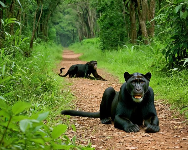 Chimpanzees in a Lush Forest Setting on a Path