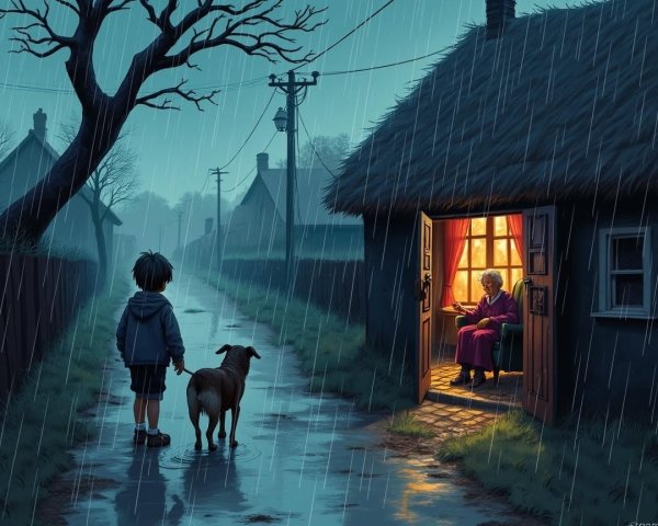 Young Boy and Dog by Cozy Cottage in Rainy Village