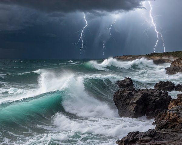 Dramatic Seascape with Stormy Waves and Lightning