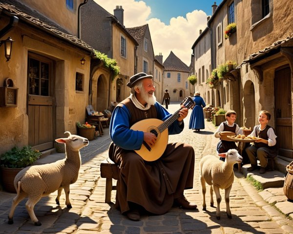 Elderly Man Playing Lute in Charming Village Scene