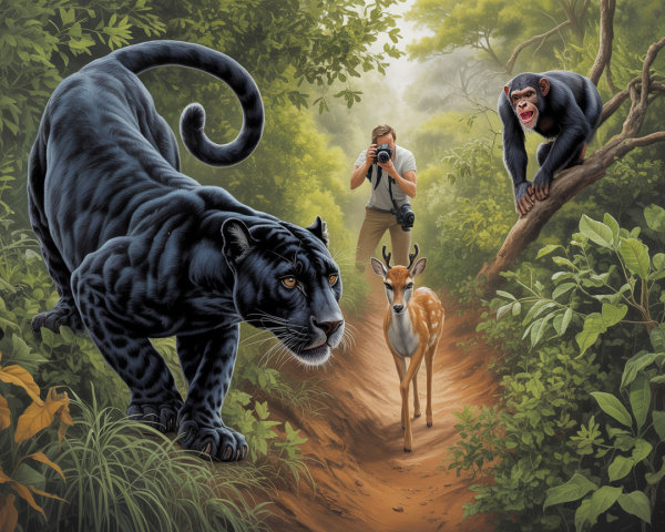Black Panther and Deer in Lush Jungle Scene