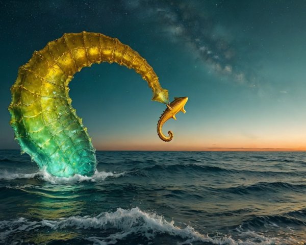 Giant shimmering seahorse over tranquil ocean at twilight