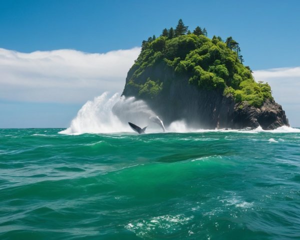 Majestic Rock Formation with Turquoise Waters and Whale Tail