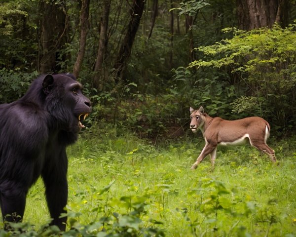 Gorilla and Deer Interaction in a Serene Forest Setting