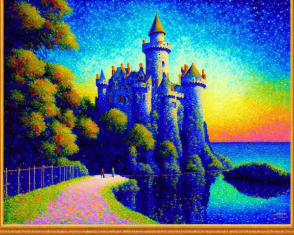 Impressionistic Castle Landscape at Sunset by Lake