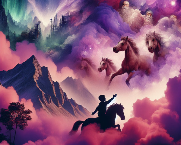 Dreamlike Landscape with Galloping Figure and Clouds