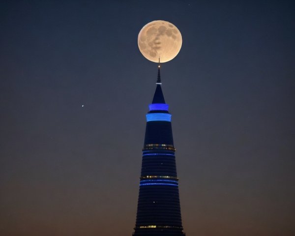 Night Scene of a Skyscraper with Full Moon and Stars