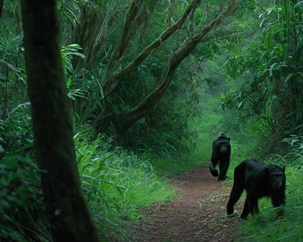 Chimpanzees walking in a dense jungle habitat