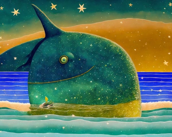 Giant Whale and Sailboat in Starry Sky Scene
