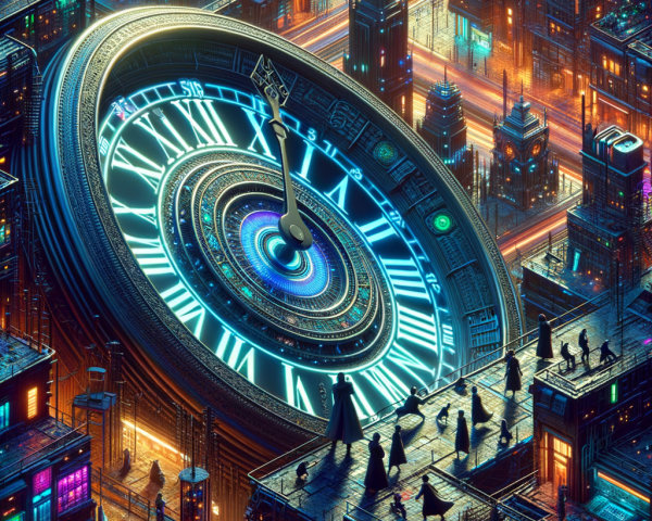 Surreal cityscape with neon lights and ornate clock