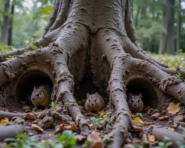 Small Rodents Emerging from Tree Burrows in Woodland