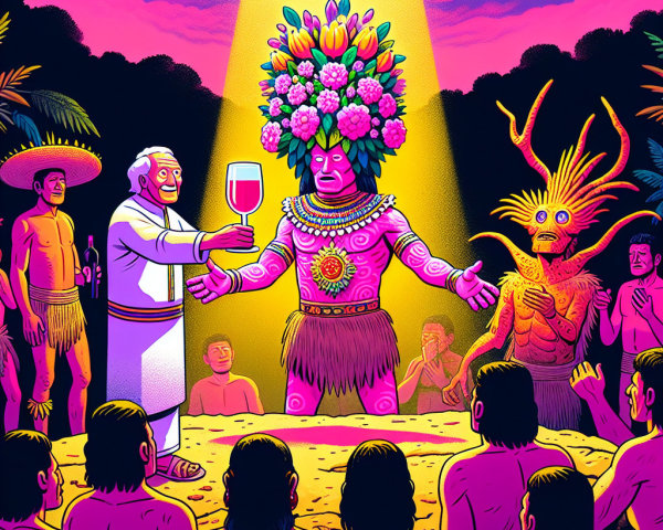 Ceremonial Gathering with Floral Attire and Wine Offering