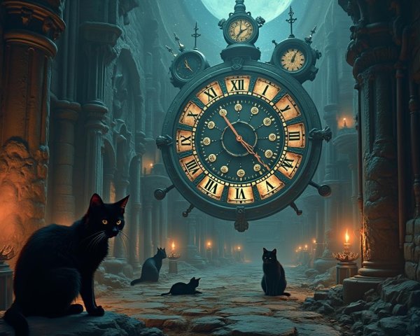 Mystical Chamber with Clock and Black Cats