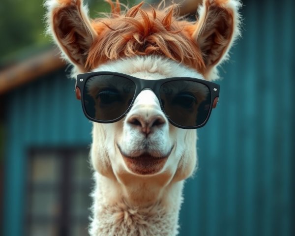 Alpaca in Sunglasses Against Rustic Blue Building
