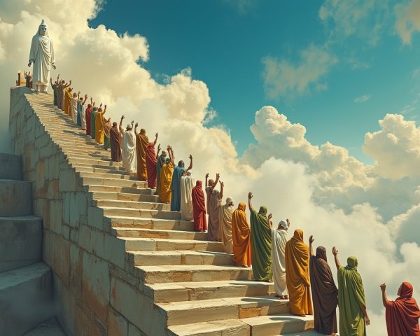 Colorful Figures Ascending a Staircase to Light