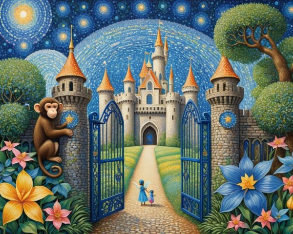 Vibrant Castle Landscape with Lush Greenery and Stars