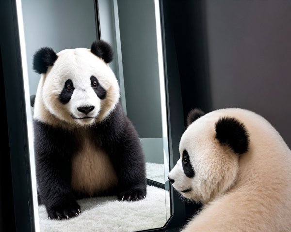 Panda Reflecting in a Modern Mirror Setting