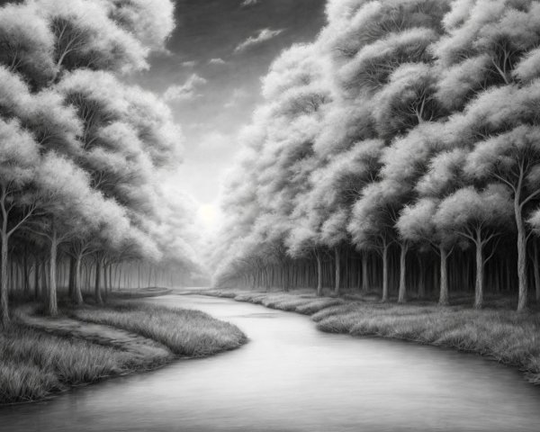 Serene Black-and-White Landscape with Winding River