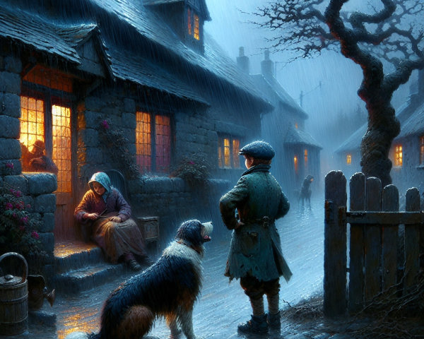 Rainy Village Scene with Boy, Dog, and Cottage