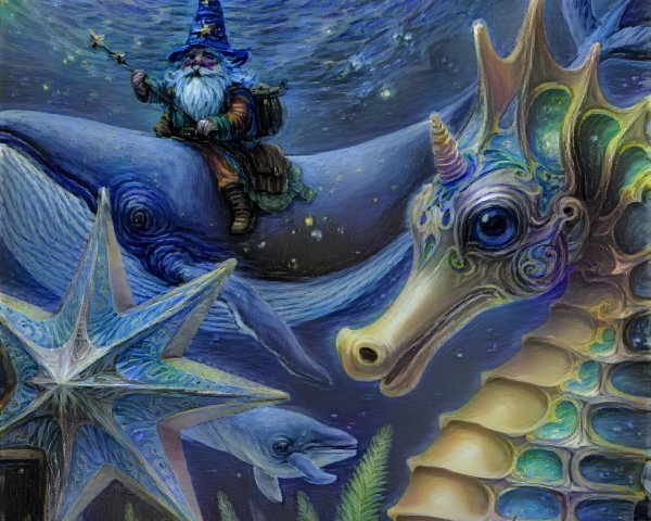 Gnome on Whale in Colorful Underwater Fantasy Scene